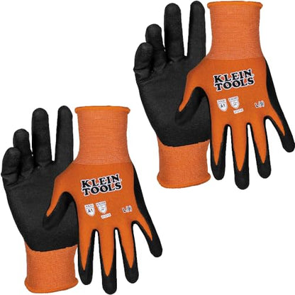 Klein Tools 60581 Work Gloves, Knit Dipped Cut Resistant ANSI A1 Nitrile Coated Gloves, Nylon-Spandex, Touchscreen Capable, Large, 2-Pair - size: Large, style: 2-pair Pack