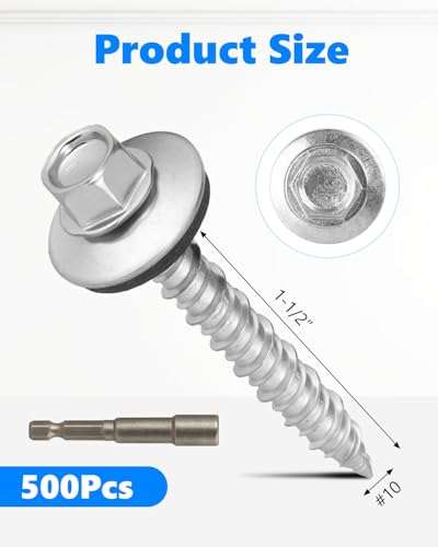 500Pack Metal Roofing Screws #10 × 1-1/2 Inch with Hex Socket - size: #10 × 1-1/2 Inch Silver
