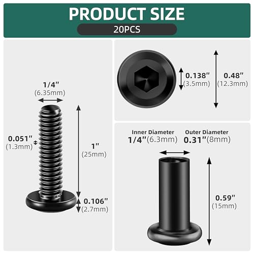 20Pcs 1/4-20 x 1 Flat Socket Head Cap Screws Bolts Barrel Nuts Kit, 304 Stainless Steel 18-8 Furniture Bolts Screws and Nuts, Black Oxided - size: 1/4 x 1"