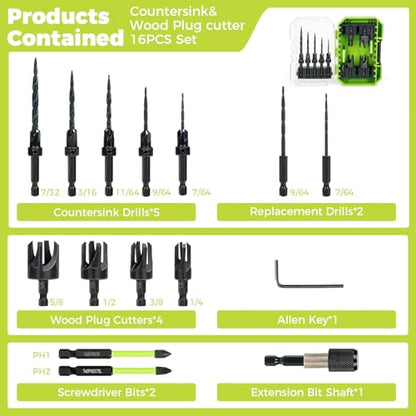 Countersink Drill Bit Set, 16PCS M2 Cobalt Woodworking Tool Set