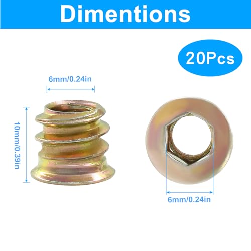 Jiozermi Threaded Insert Nuts M6x10mm, 20 Pcs - size: M6x10mm