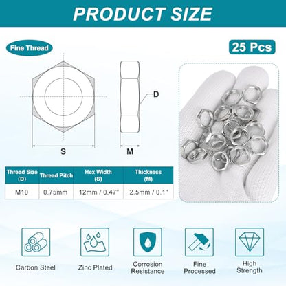 PATIKIL M10x0.75x2.5mm Steel Hex Nuts, 25Pcs Metric Fine Thread Carbon Steel Zinc Plated Finished Hardware Screw Nuts Fasteners for Machinery Manufacturing, Industrial Use, 12mm Width - size: M10x0.75x2.5x12mm