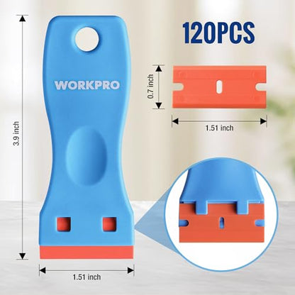 WORKPRO Plastic Razor Blade Scraper Kit, 3 Scrapers with 120 Blades - size: 3 Pack + 120 Blades