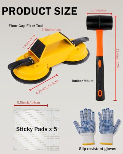 Floor Gap Fixer Tool Kit with Dual Suction Cup, Carbon Steel Laminate Flooring Gap Repair Tool for Vinyl Plank Wood Hardwood Floors, Heavy Duty Fixer with Mallet, Pads, Scraper, Gloves, Cloth