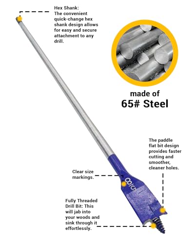5/8" x 16" Long Wood Spade Drill Bit, Self-Feeding Flat Drill Bit with Blue Coating for Deep Drilling in Wood, Carpentry, and DIY Projects - size: 5/8"x16"