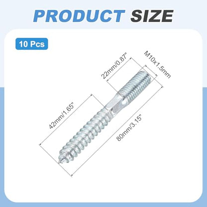 MECCANIXITY M10 Hanger Bolts, 3.15"(80mm) Length Double Headed Hanger Bolts 0.39"(10mm) Wood Dowel Screw Self-Tapping Threaded Rods Screw for Assembling Wood Furniture Joint, Pack of 10 - size: M10x80mmx10mm