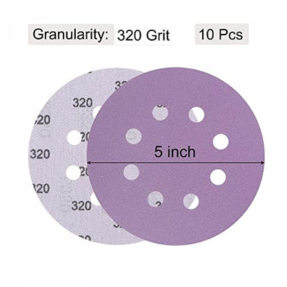 uxcell 10Pcs 5-Inch Purple Sanding Discs 320 Grits 8 Hole Hook and Loop Professional Aluminum Oxide Sand Paper Wet Dry Polish for Wood Metal Paint Finish - style: 320 Grit