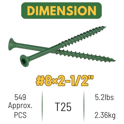 WELLOCKS #8 x 2-1/2 in Green Deck Screws, 5.2 lbs with T25 Bit - size: #8×2-1/2", style: 5.2LBS Green