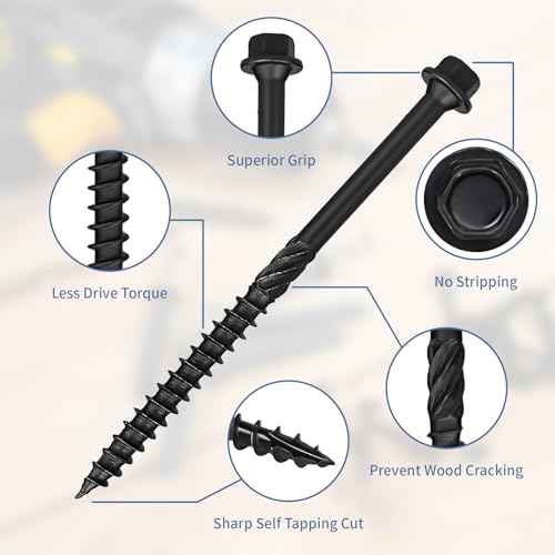 Lag Screws 4 Inch, 50Pcs #14 x 4 Heavy-Duty Structural Wood Screws, Hex Washer Head, Black Rust Resistant Coated, Long Outdoor Deck Screws for Timber Fence Log, Hex Socket Included - size: #14 x 4