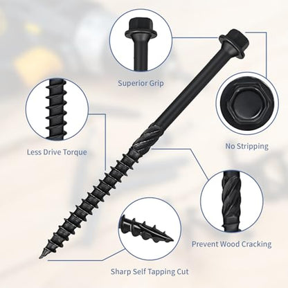 Lag Screws 4 Inch, 50Pcs #14 x 4 Heavy-Duty Structural Wood Screws, Hex Washer Head, Black Rust Resistant Coated, Long Outdoor Deck Screws for Timber Fence Log, Hex Socket Included - size: #14 x 4