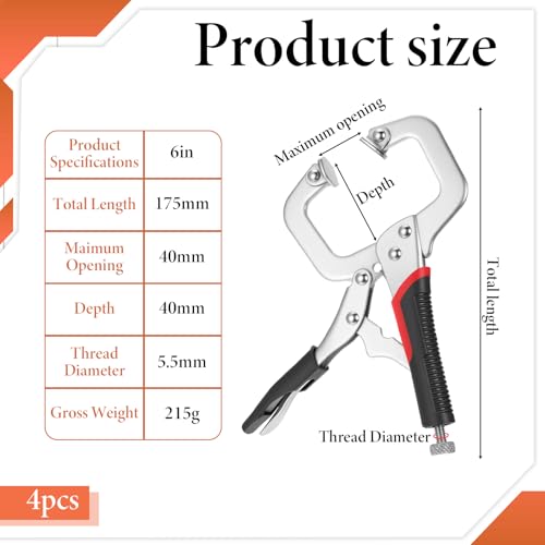 4 Pcs 6 Inch C Clamp Locking Pliers Vise Grip Clamps Heavy Duty Vise Grip Welding Clamp With Swivel Pads for Woodworking, Welding, Building,Home,Metalworking,Auto Repair - size: 6 Inch,Set of 4,Black