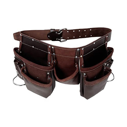 Leather Tool Belt Pouch Bag, Comfort Back Support Tool Pouches with Suspenders for Construction,Framers,Carpenter,Handyman (Black, Extra Large)30" waist size up to 56" (12 POCKET BROWN) - size: 12 Pocket Brown
