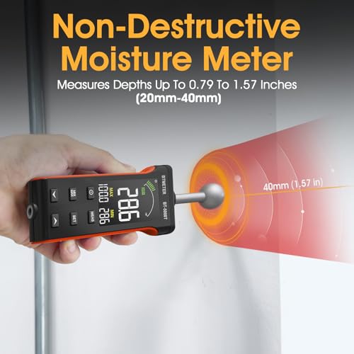 BTMETER Wood Moisture Meter - Pinless Moisture Detector Measur Depth 20-40mm Non-Destructive Moisture Tester with Masonry Spherical Sensor Sound Alarm LCD Display for Firewood Walls Flooring Concrete