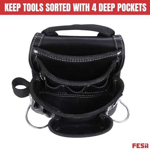 FESA Leather Carpenter Tool Pouch - 10-Pocket Heavy Top Grain Leather Carpenter Pouch with 2 Hammer Loops, Large & Small Pockets - Fits Work Belts up to 3" - Handcrafted - Country-Themed - color: Black - USA