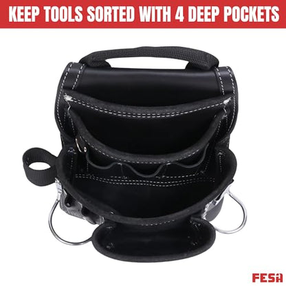 FESA Leather Carpenter Tool Pouch - 10-Pocket Heavy Top Grain Leather Carpenter Pouch with 2 Hammer Loops, Large & Small Pockets - Fits Work Belts up to 3" - Handcrafted - Country-Themed - color: Black - USA