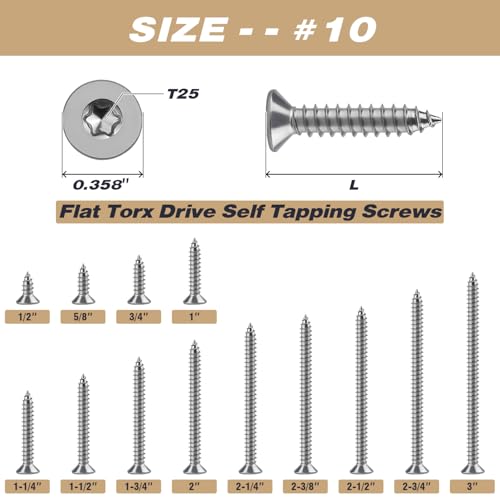 #10 x 2 Torx Flat Head Sheet Metal Screws, 304 Stainless Steel Countersunk Head Self Tapping Screws, Pack of 50 with Torx Bit - size: #10 x 2