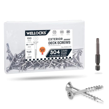 WELLOCKS #8 x 1-1/4 in 304 Stainless Deck Screws, 100 PCS - size: #8×1-1/4"