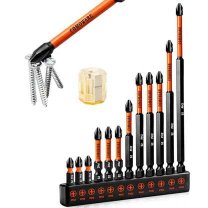 COMOWARE 13pcs Phillips Impact Screwdriver Drill Bits #2, S2 1/4" Hex Screwdriver Bit Set, 1-6" Length, CNC Tip Magnetic Drill Bit, Impact Hex Bits Sets with Magnetizer For Power Drill - color: Ph2 12pcs Phosphate-coated