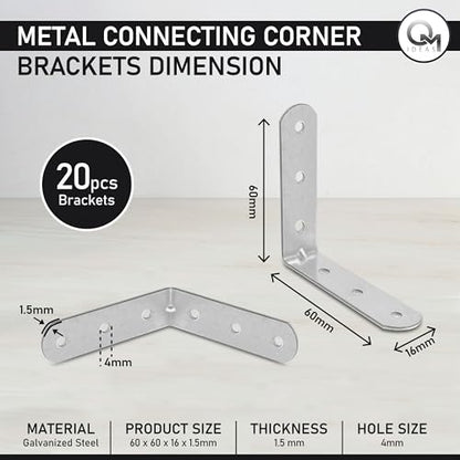 20 Pack Angle Brackets (2.36" x 2.36" x 0.63") – 90° L-Shape Corner Brace Plate Wood Metal Connecting Fixing Joining Repair Support Galvanized Connector - size: 2.36" x 2.36" x 0.63"