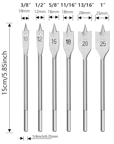 6Pc Spade Drill Bit Set, Paddle Flat Bits, 1/4" Hex for Woodworking