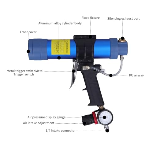 Sausage Silicone Caulking Glue Gun,310ml 1/4in Pneumatic Glass Glue Gun With Pressure Gauge Silicone Gun Pneumatic Sausage Caulking Gun Glass Glue Sealant Gun