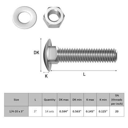 VGBUY 1/4-20 x 3 Carriage Bolts Screws 14 Sets, 304 Stainless Steel 18-8, Round Head Square Neck, Carriage Bolts and Nuts Kit, with Flat Washers - size: 1/4-20 x 3" (14 Sets)