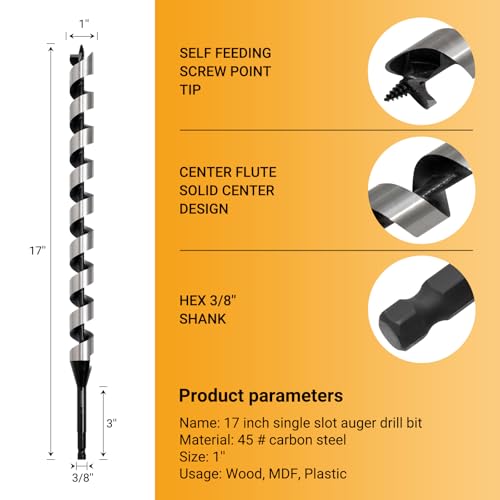 1 Inch x 17 Inch Auger Drill Bit, 3/8 Inch Hex Shank - size: 1" x 17"