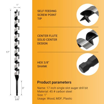 1 Inch x 17 Inch Auger Drill Bit, 3/8 Inch Hex Shank - size: 1" x 17"