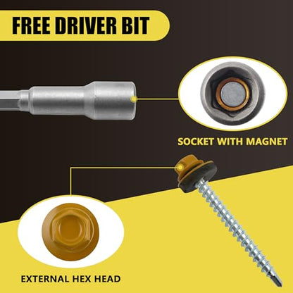 JEGONFRI 200PCS #10 x 2 Yellow Hex Head Self-Drilling Metal Roofing Screws - color: Yellow, size: 2 in