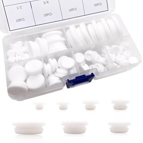80PCS Silicone Hole Plugs Kit - 7 Sizes (1/4" 5/16" 3/8" 1/2" 3/16" 3/4" 1") - Snap Locking Round Hole Plugs Grommets for Automotive Hole Caps Drain Plugs Bottle Stoppers, Furniture etc. (White) - color: White