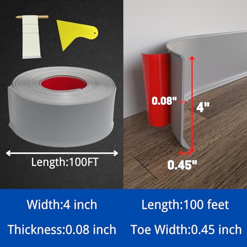 COUKIU Peel and Stick Rubber Baseboard Trim, 4 Inch x 100 Feet, Gray, S100 - color: Gray, size: 4in x 100ft