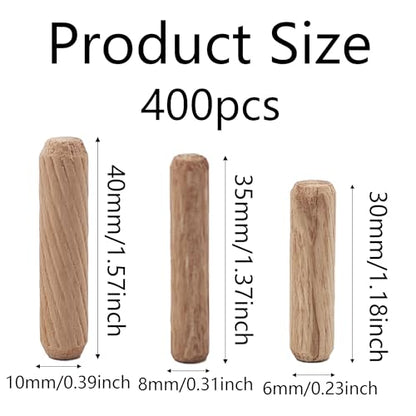 400Pcs 6mm 8mm 10mm Wooden Dowel Pins, Twill Groove Dowel Pin Hardwood Dowel Pegs with Tapered Ends for Furniture DIY Projects, Shelves, Crafts, Carpentry - size: 6mm 8mm 10mm