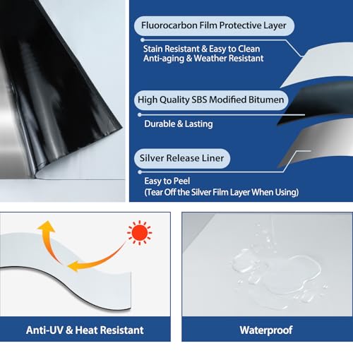 BXI Fluorocarbon Film Asphalt Waterproof Tape, 6 Inches X 32 Feet, Weatherproof Sealing Membrane, Self-Adhesive SBS Modified Bitumen Flashing Sealant Patch, Seam Leak for Roof Window Driveway Repair - size: 6" x 32'