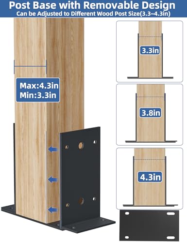 4x4 Post Base 3 Pcs,Heavy Duty Detachable Post Bracket with Adjustable Inner Size (3.6" x 3.3"-4.3"), Rust-Proof Powder-Coated Thick Post Anchor for Deck Railing, Fences, Mailboxes, Pavilions - size: 4 x 4 (3 PCS)