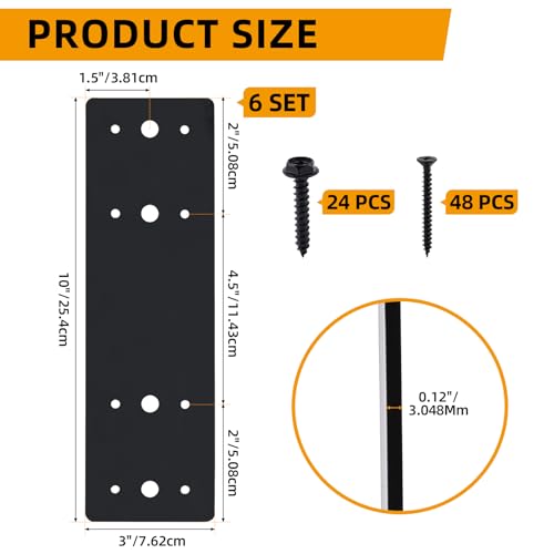 6pcs 10"x3" Straight Steel Flat Plates Metal Mending Plate Fixing Joining Bracket with Screws for Framing Pergolas, Repair House, Wood Furniture