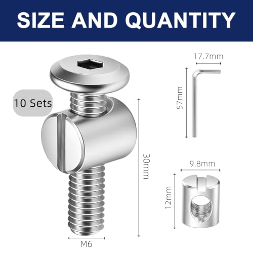 M6 x 30mm Flat Head Socket Head Screw Furniture Bolts and Barrel Nuts, with Allen Wrench Perfect for Furniture, 10 Sets - color: Silver, size: M6 x 30mm