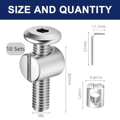 M6 x 30mm Flat Head Socket Head Screw Furniture Bolts and Barrel Nuts, with Allen Wrench Perfect for Furniture, 10 Sets - color: Silver, size: M6 x 30mm