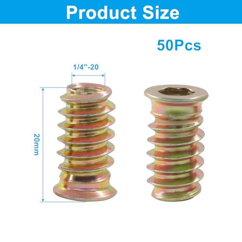 50 Pcs Threaded Inserts for Wood, 1/4"-20 x 20mm - size: 1/4"-20 x 20mm