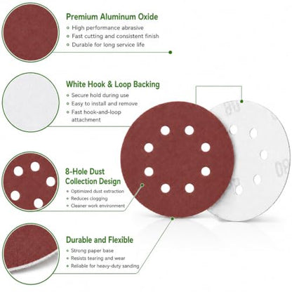 100 Pcs 5 Inch 8 Hole Sanding Discs, Round Hook and Loop Sandpaper for Random Orbital Sander (80 Grit) - size: 80 Grit