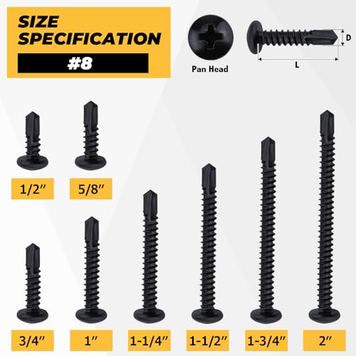 150pk #8 x 1 Black Pan Self-Drilling Sheet Metal Screws, 410 SS + Bit - size: #8 x 1"