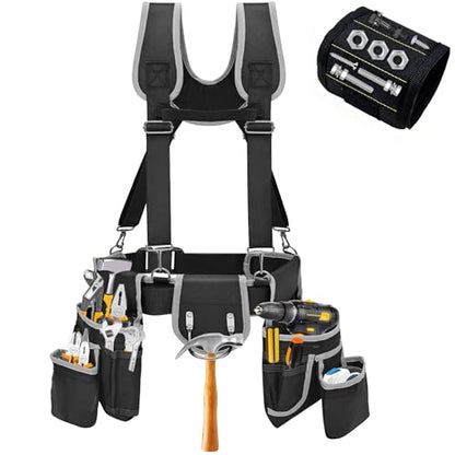 Tool belts for men - multi-functional detachable adjustable tool belt with shoulder strap magnetic wristband set, suitable for electricians and carpenters。 (black and gray) - color: Black and Gray
