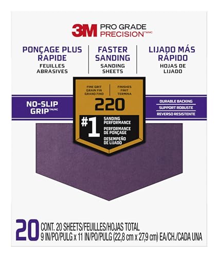 3M Pro Grade No-Slip Grip Advanced Sandpaper, 9 x 11"., 220 Grit, 100 per Case - size: 100