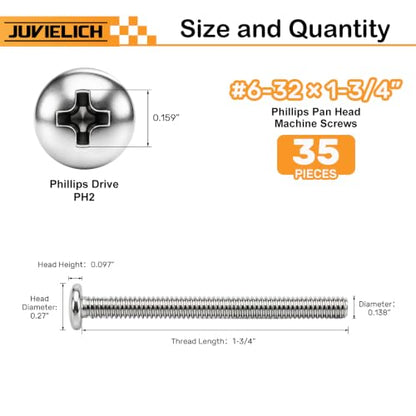 35PCS #6-32 x 1-3/4" Machine Screws, Phillips Pan Head, 304 Stainless Steel - size: #6-32x1-3/4"