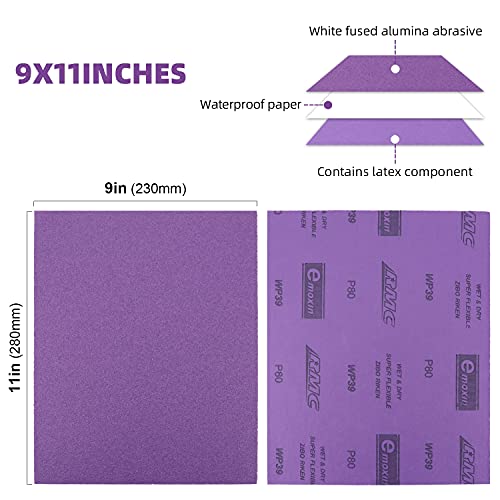 POLIWELL 80 Grit Sanding Sheets 20 PCS 9 x 11 Inch Purple Alumina - style: 80Girt