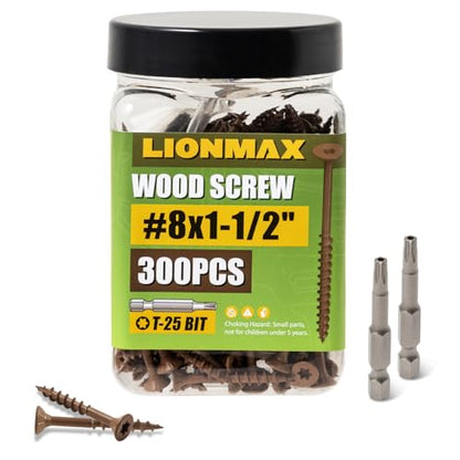 LIONMAX Wood Screws 1-1/2 Inch, Deck Screws #8 x 1-1/2", 300 PCS, Brown - color: Brown, size: #8 x 1-1/2"