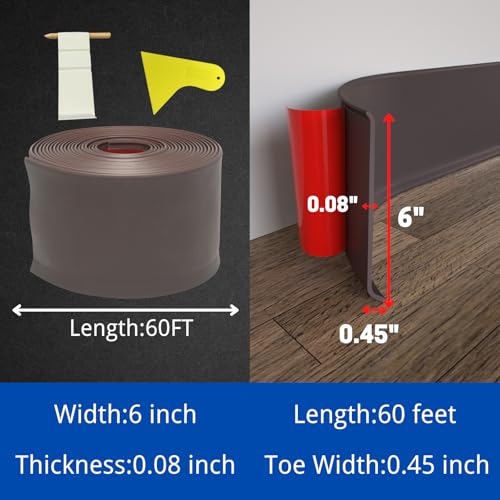 COUKIU Peel and Stick Rubber Baseboard Trim, 6 Inch x 60 Feet, Brown, S152 - color: Brown, size: 6in x 60ft