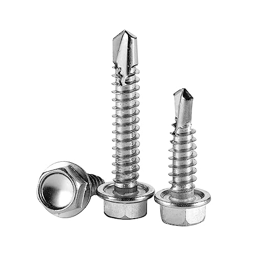 #10 x 1 (100 Pack) Hex Washer Head Self Drilling Screws, Self Tapping Sheet Metal Tek Screws, 410 Stainless Steel - size: #10 x 1"