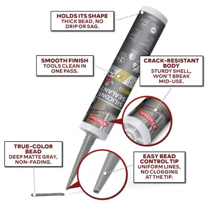 XFasten Gray Silicone Caulk 10.1 oz Single Pack Gray Caulking Waterproof - color: Gray