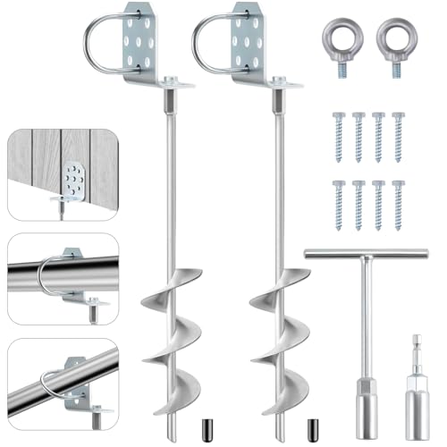 Swing Set Anchors 20" – Heavy Duty Ground Anchors Screw in with L-Brackets & Drill Adapter, Fully Welded Spiral Earth Anchor for Storage Sheds, Trampoline, Fence, Carports - size: 2 Pack
