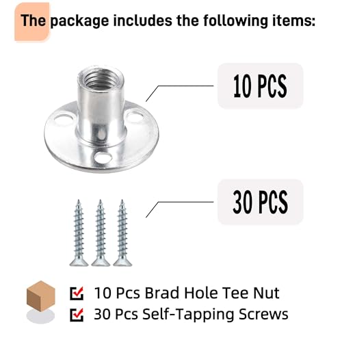 M12 Brad Hole Tee Nut with Screws (10 Set), Zinc Plated Carbon Steel Round Base Screw-in T-Nuts Furniture Hardware Flange Female Thread Insert Nuts for DIY Project - size: M12